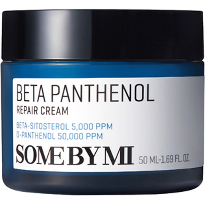 Some By Mi Beta Panthenol Repair Cream 50 ml reparerande beta panthenol ansiktskräm i blå glasburk med svart lock.