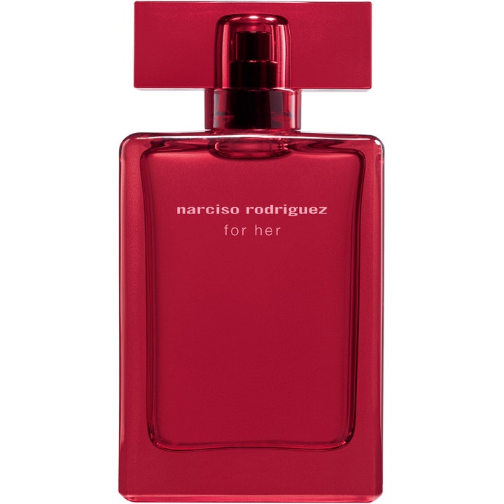 Narciso Rodriguez For Her Intense 50 ml intensiv mysk parfym i en djupröd rektangulär glasflaska med rött lock
