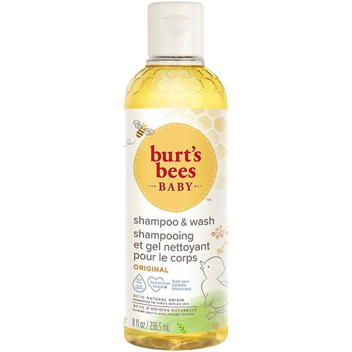 Burt's Bees Baby Shampoo & Wash 236,5 ml 2-i-1 baby schampo och tvål i flaska med gult innehåll och vitt lock