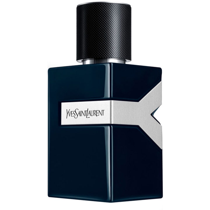Yves Saint Laurent Y Le Parfum 60 ml elegant herrparfym i en blank mörkblå glasflaska med silverdetalj och svart mönstrad kork