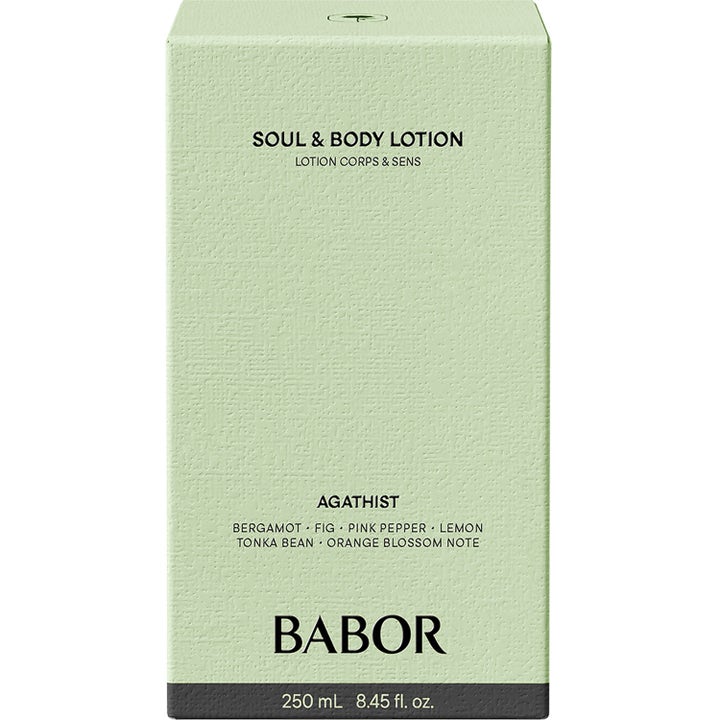 Babor Soul & Body Lotion Agathist 250 ml mjukgörande lotion i ljusgrön texturerad box med noter av bergamott och fikon.