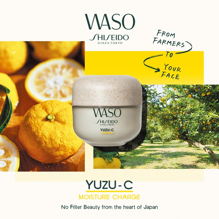 Shiseido Waso Yuzu-C 50 ml fuktgivande nattmask för trött hud med yuzufrukter och texten From Farmers To Your Face.