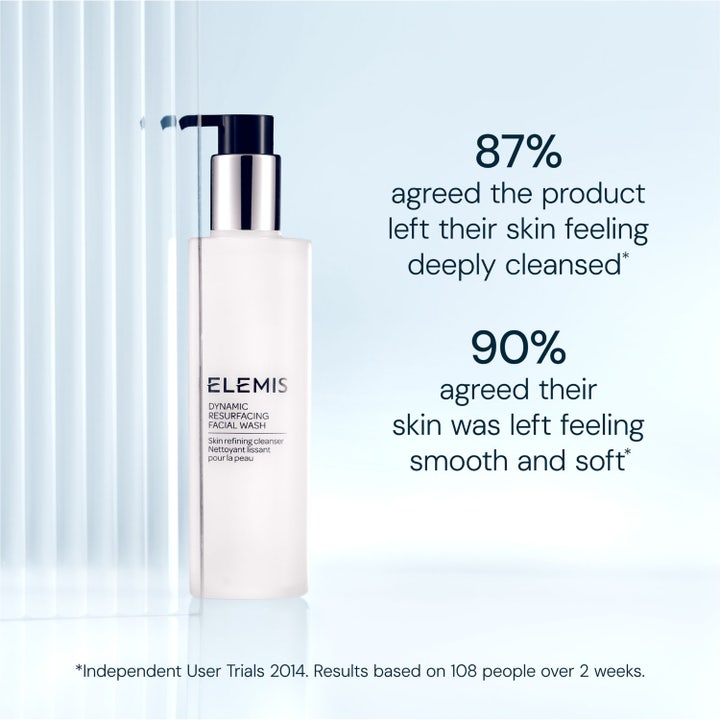 Elemis Dynamic Resurfacing Facial Wash 200 ml rengöringsgel i vit pumpflaska med text om resultat.