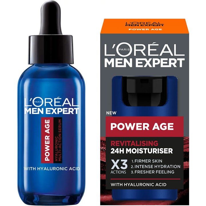 L'Oréal Men Expert Power Age 30 ml serum med hyaluronsyra i blå glasflaska bredvid ytterförpackning.
