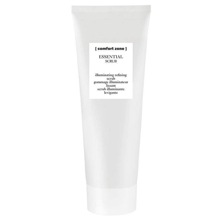 Comfort Zone Essential Scrub 75ml ansiktsskrubb för uppljusning i en minimalistisk vit plasttub med vit kork.
