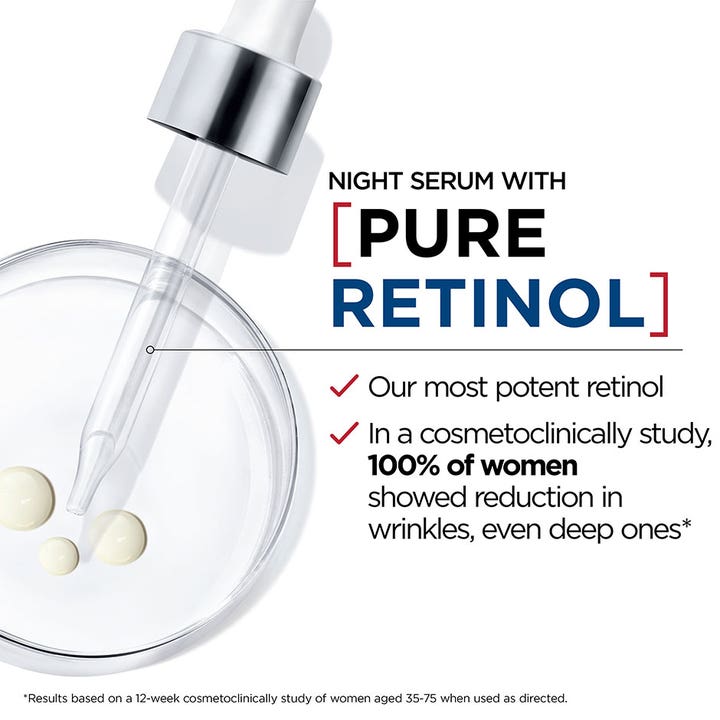 L'Oréal Paris Laser Pure Retinol Night Serum 30 ml nattserum med pipett och text om reducerade rynkor