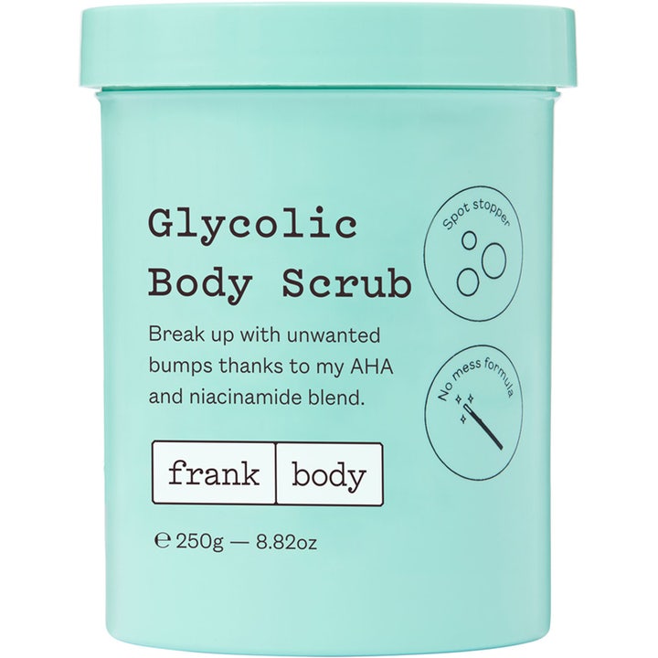 Frank Body Glycolic Body Scrub 250g exfolierande AHA kroppsskrubb i ljusblå plastburk som motverkar ojämnheter.