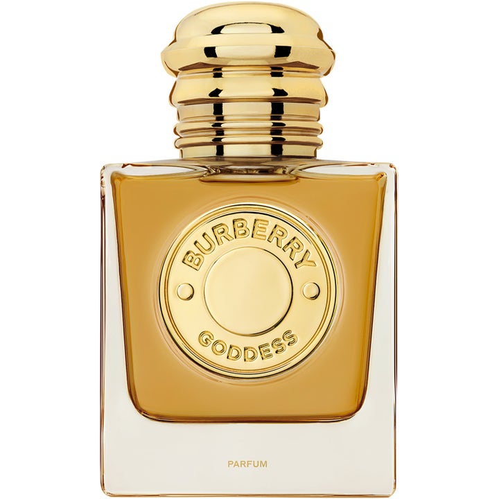 Burberry Goddess Parfum 50 ml parfym för dam i fyrkantig glasflaska med guldmedaljong och bärnstensfärgad vätska