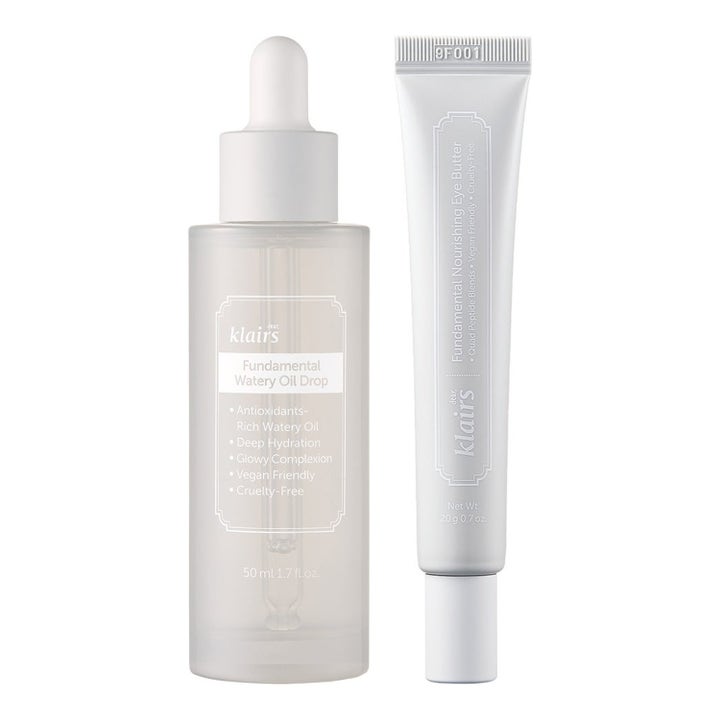 Klairs Fundamental Watery Oil Drop 50ml och Eye Butter 20g återfuktande hudvård i frostat glas och vit tub.