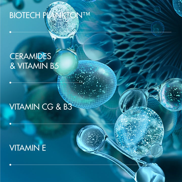 Biotherm Aquapower Advanced Gel 30 ml återfuktande gel med Biotech Plankton, Ceramider och Vitamin B5 i blå bubblor.