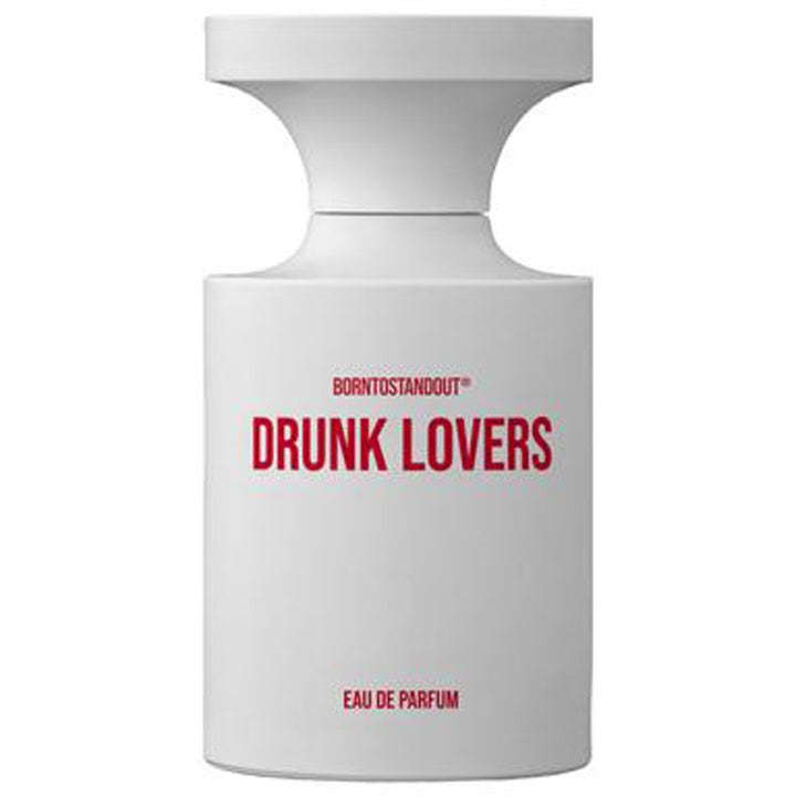 BornToStandOut Drunk Lovers Eau de Parfum 100 ml unisex parfym i en vit matt flaska med röd text och bred kork