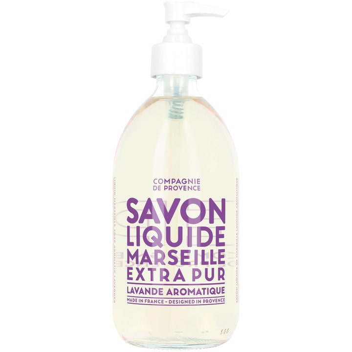 Compagnie de Provence Savon Liquide Marseille 500 ml i genomskinlig glasflaska med aromatisk lavendel tvål.