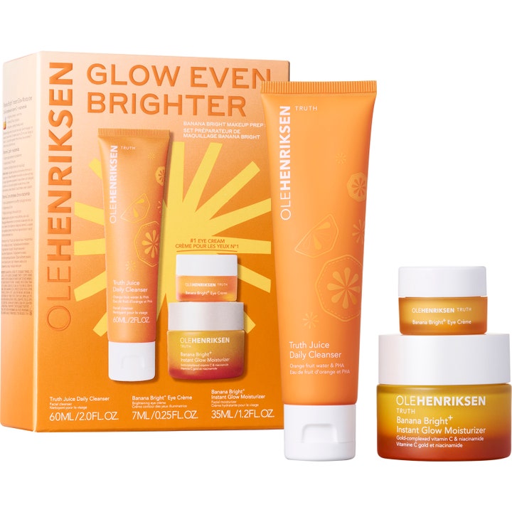 Ole Henriksen Glow Even Brighter ansiktsrengöring set ger lyster med ögonkräm bäst i test i orangea tuber och glasburkar.
