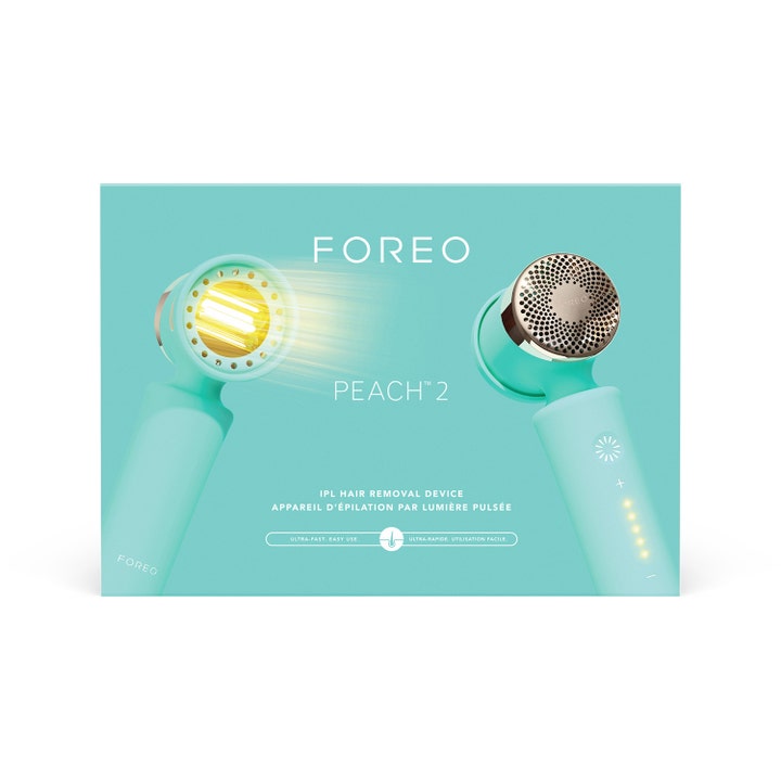FOREO PEACH™ 2 Mint 1 st ipl behandling för permanent hårborttagning i en mintgrön box med bild på enheten