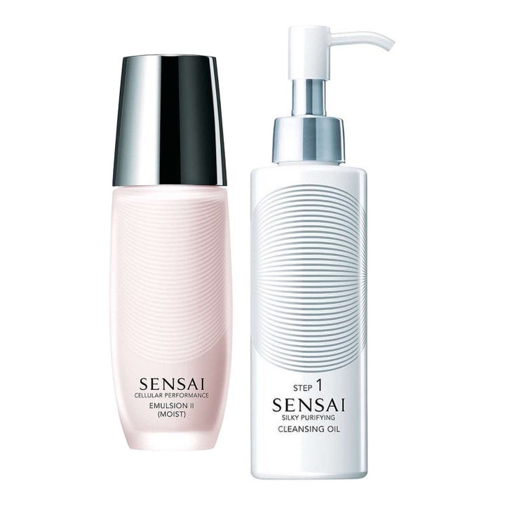 Sensai Cellular Performance Emulsion II och Cleansing Oil återfuktande hudvård i rosa flaska och vit pumpflaska