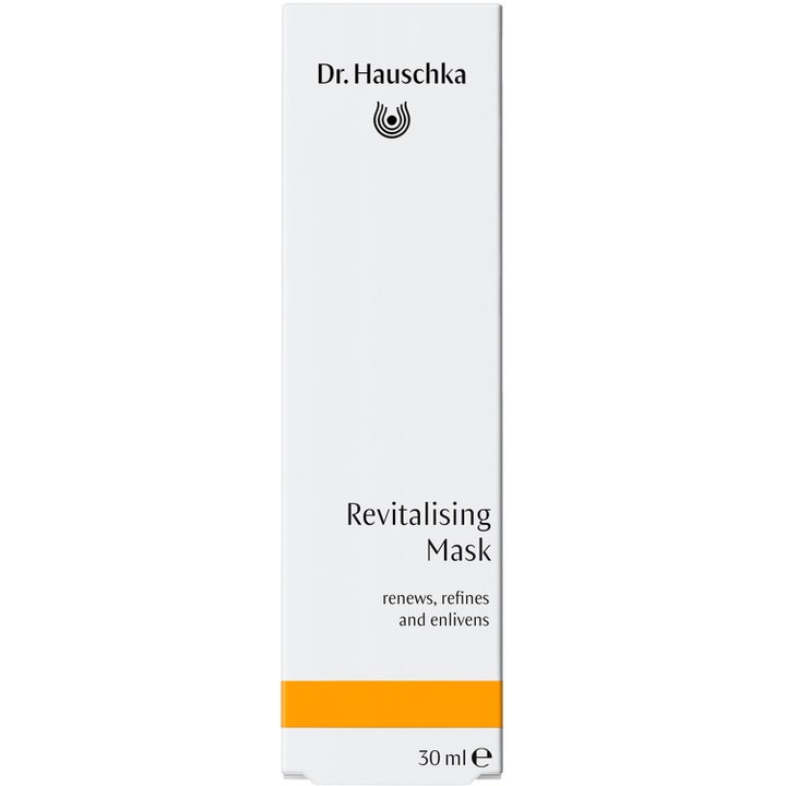 Dr. Hauschka Revitalising Mask 30 ml revitaliserande återfuktande ansiktsmask i vit ytterkartong med orange detalj.