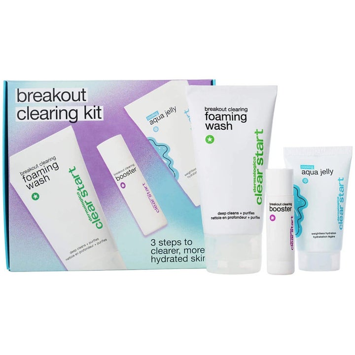 Dermalogica Clear Start Breakout Clearing Kit hudvårdsset med rengöring, booster och fuktgivande gelé.