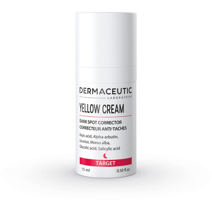 Dermaceutic Yellow Cream 15 ml pigmentkräm mot mörka fläckar i en vit stilren pumpflaska med röda detaljer
