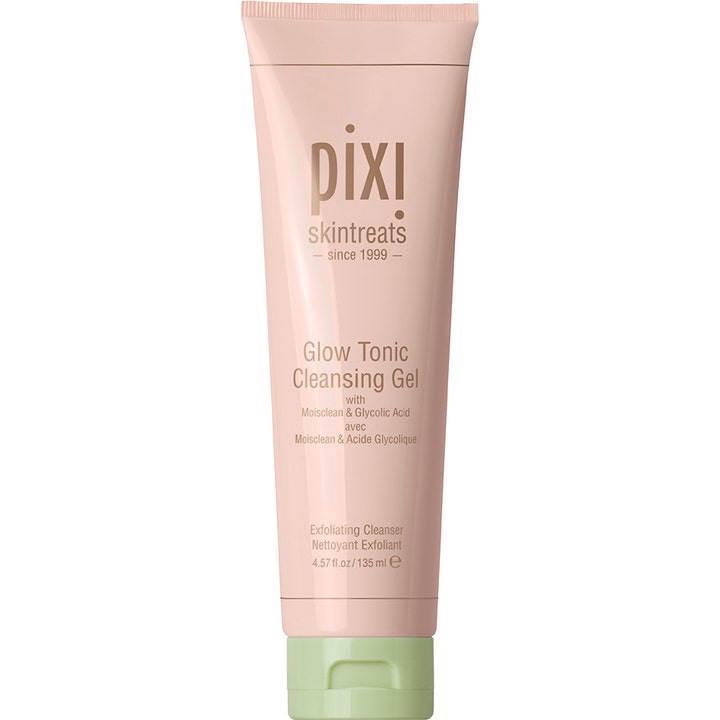 Pixi Glow Tonic Cleansing Gel 135 ml exfolierande aha hudvård med glycolsyra i persikorosa tub med mintgrönt lock