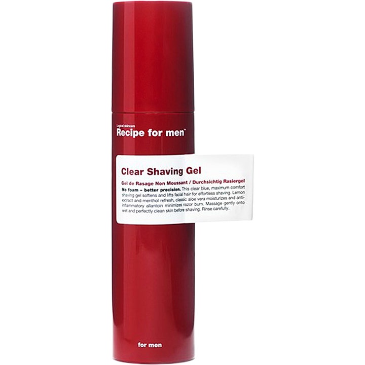 Recipe for men Clear Shaving Gel 100 ml ger precisionsrakning i en röd cylinderformad pumpflaska med vit etikett.