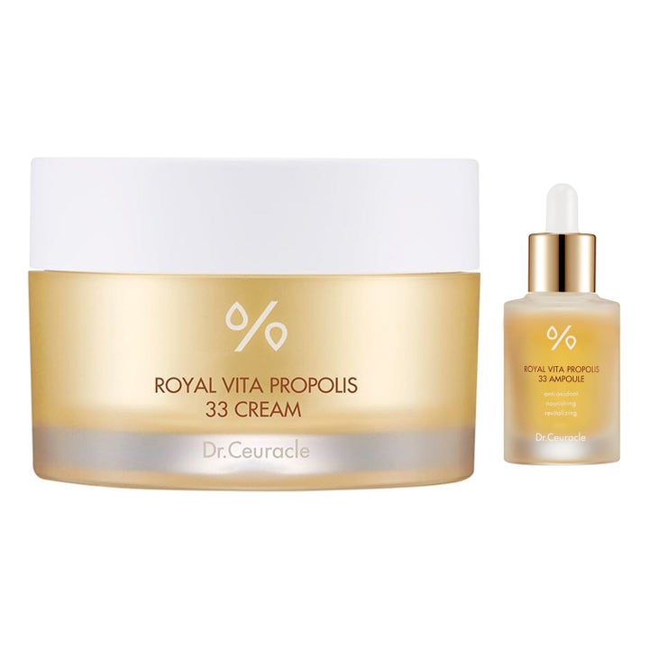 Dr. Ceuracle Royal Vita Propolis 33 Cream närande ansiktskräm i guldtonad glasburk med matchande ampull.