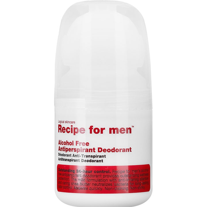 Recipe for men Alcohol Free Antiperspirant Deodorant 60 ml i vit roll-on flaska med röd text och genomskinlig kork