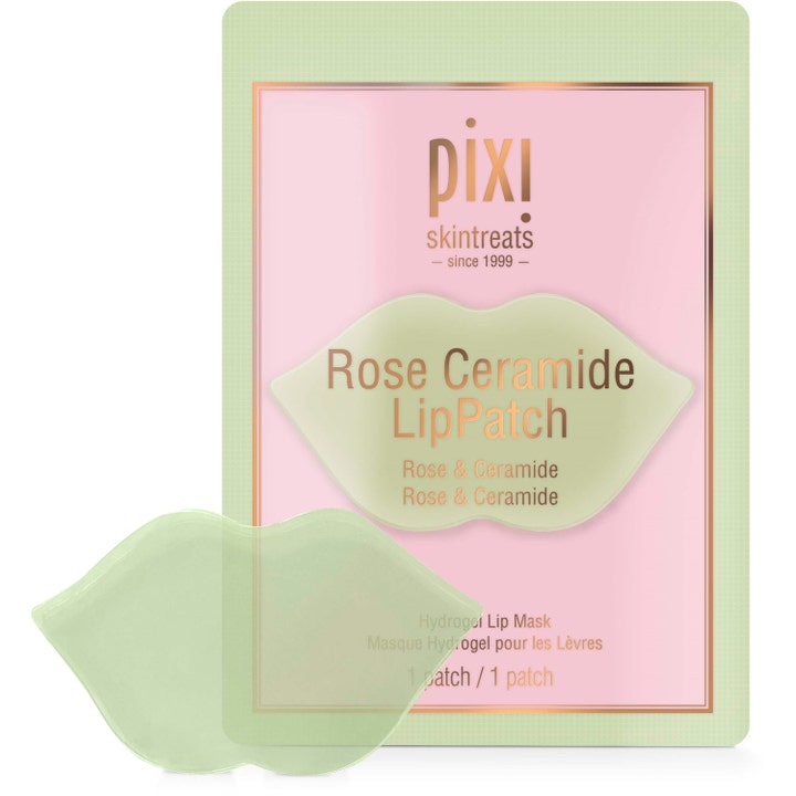 Pixi Rose Ceramide LipPatch 1 st återfuktande läppmask med rosextrakt och ceramider, ljusgrön hydrogel i rosa förpackning.