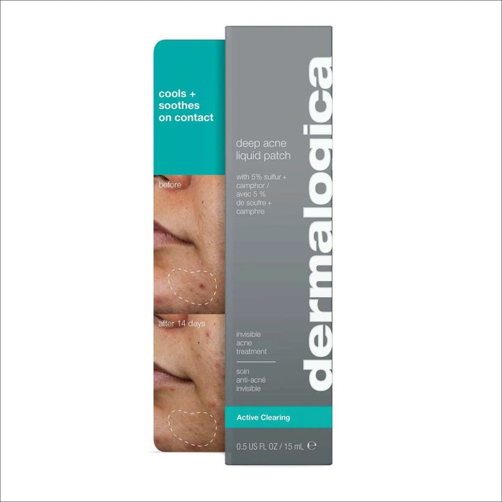 Dermalogica Deep Acne Liquid Patch Duo 2x15 ml hudvård mot akne i grå box som visar resultat efter fjorton dagar.