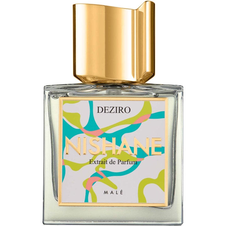 Nishane Deziro 50 ml nischparfym i fyrkantig glasflaska med guldfärgat lock och färgglatt mönster