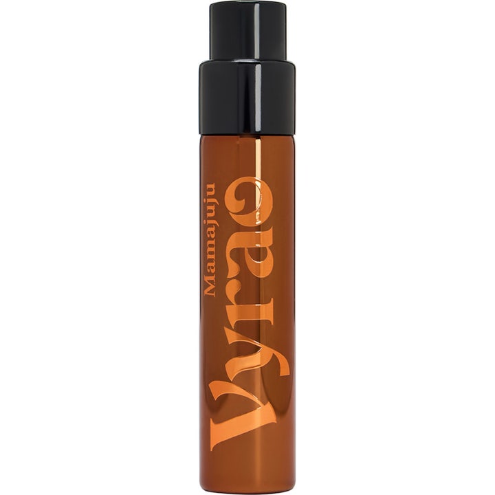 Vyrao Mamajuju 10 ml Eau De Parfum parfym i en smal bärnstensfärgad glasflaska med svart kork och orange text