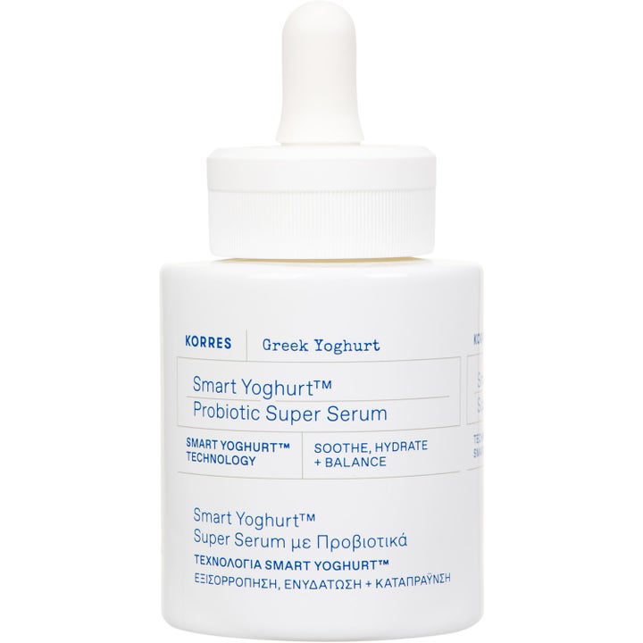 Korres Greek Yoghurt Probiotic Super Serum balanserande ansiktsserum i vit opak flaska med vit pipettkork.