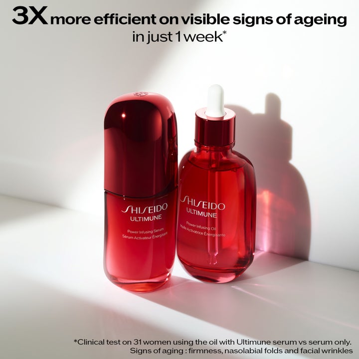 Shiseido Ultimune Power Infusing Oil 75 ml ansiktsolja i röd glasflaska med pipett vid sidan av serum