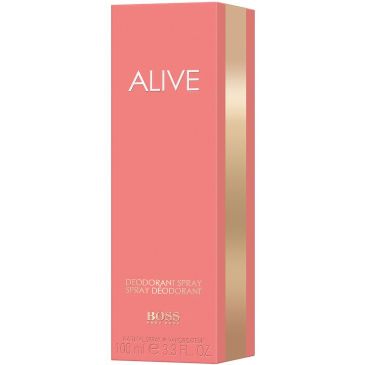 Hugo Boss Alive Deo Spray 100 ml damdeodorant i en rosa ytterförpackning med en vertikal guldrand.