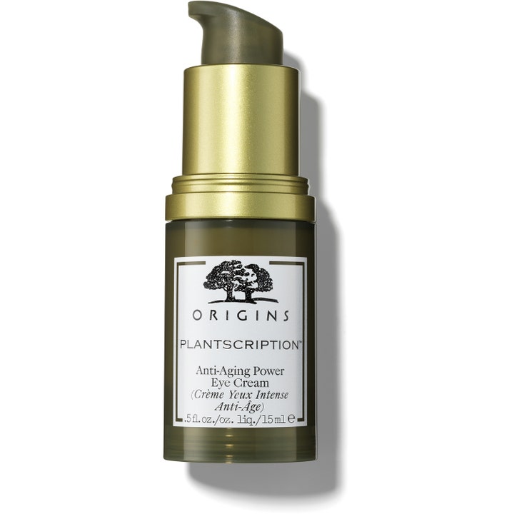 Origins Plantscription Anti-Aging Power Eye Cream 15 ml djupverkande ögonkräm mot rynkor i mörkgrön pumpflaska med guld.