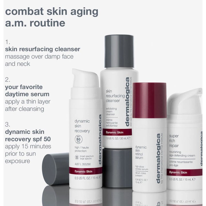 Dermalogica Skin Aging Solutions Duo föryngrande hudvård med fyra vita flaskor och steg för morgonrutin.