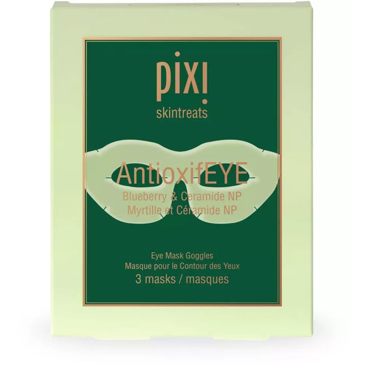 Pixi AntioxifEYE 3-pack återfuktande ögonmask med blåbär i en ljusgrön förpackning med maskillustration.