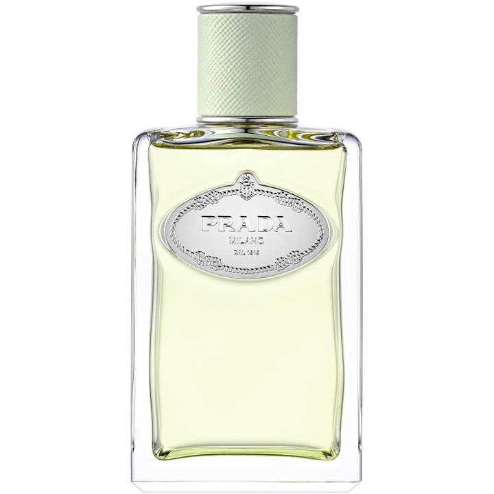 Prada Infusion d'Iris Eau de Parfum 100ml lyxig parfym i rektangulär glasflaska med silverplakett och ljusgrönt lock