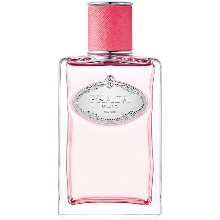 Prada Infusion Rhubarbe 100 ml fräsch rabarber parfym dam i klar glasflaska med rosa vätska och rosa mönstrad kork