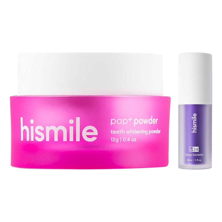Hismile Colour Corrector 30ml och PAP+ blekningspulver 12g för tandblekning i lila flaska och rosa burk med vita lock.