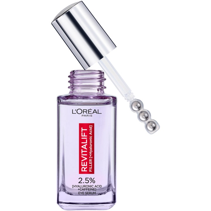 L'Oréal Paris Revitalift Filler 20ml anti-age ögonserum koffein i lila glasflaska med svalkande applikator med metallkulor