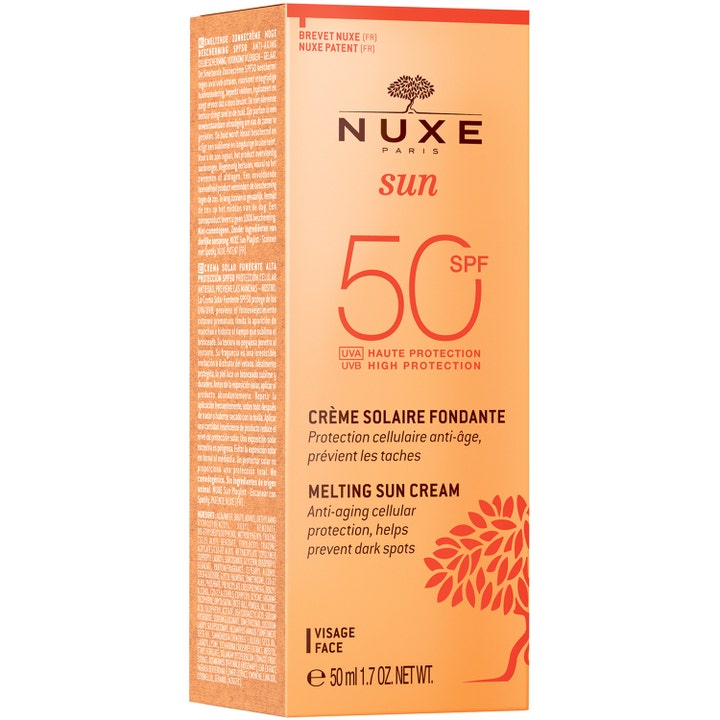 Nuxe Sun Melting Cream SPF50 50 ml solkräm i orange ytterförpackning ger anti-age skydd och motverkar fläckar.