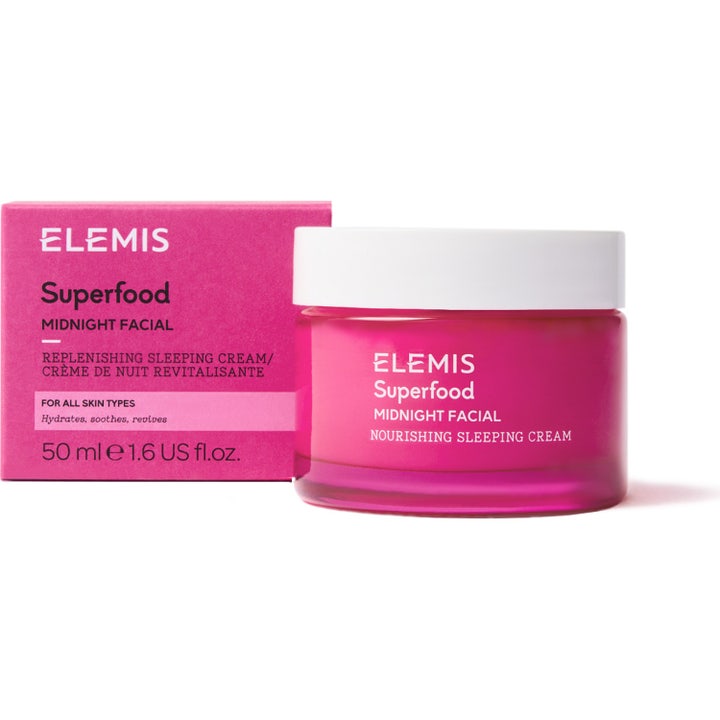 Elemis Superfood Midnight Facial 50 ml lyxig återfuktande nattmask i lila glasburk bredvid ytterkartong.