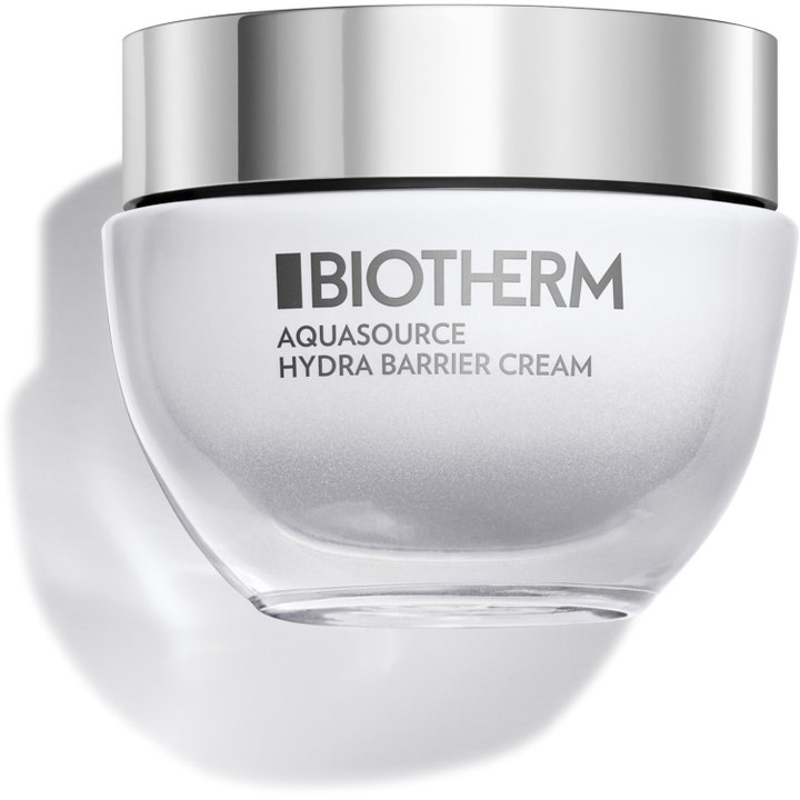 Biotherm Aquasource Hydra Barrier Cream 50ml återfuktande ansiktskräm som stärker hudbarriären i glasburk med silverlock