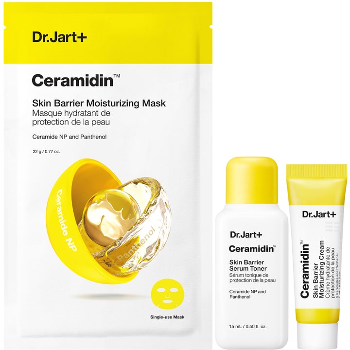 Dr.Jart+ Ceramidin Hello Moisture Travel Set 22 ml återfuktande hudvård med ceramider i gulvit mask, toner och kräm.