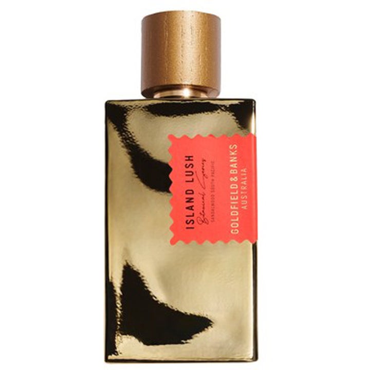 Goldfield & Banks Island Lush 100 ml sandelträ parfym unisex i guldglänsande flaska med träkork och röd etikett