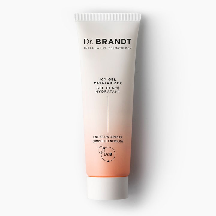Dr. Brandt Icy Gel Moisturizer återfuktande gelkräm i en tub med vit till persikofärgad gradient och vitt lock