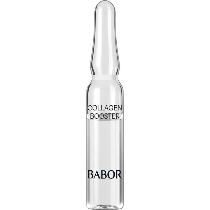Babor Collagen Booster 2 ml ampull ger kollagen för huden i en genomskinlig glasförpackning.