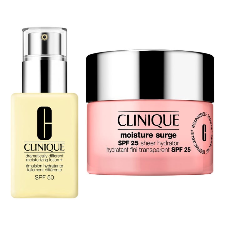 Clinique Dagligt Skydd 105 ml kit med Clinique Dramatically Different SPF 50 gul flaska och rosa Moisture Surge SPF 25