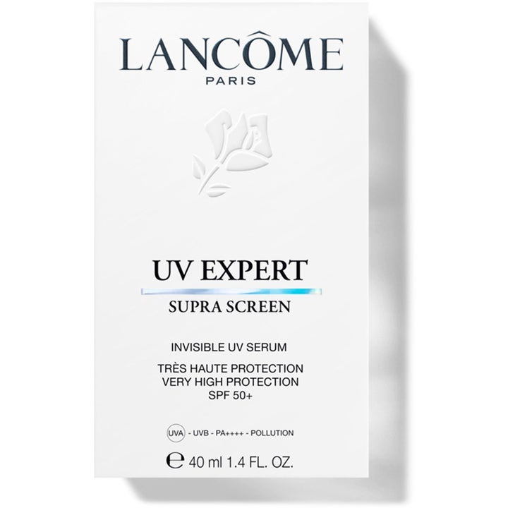 Lancôme UV Expert Supra Screen 40 ml solkräm ger högt skydd i vit ytterförpackning med präglad ros och SPF 50+