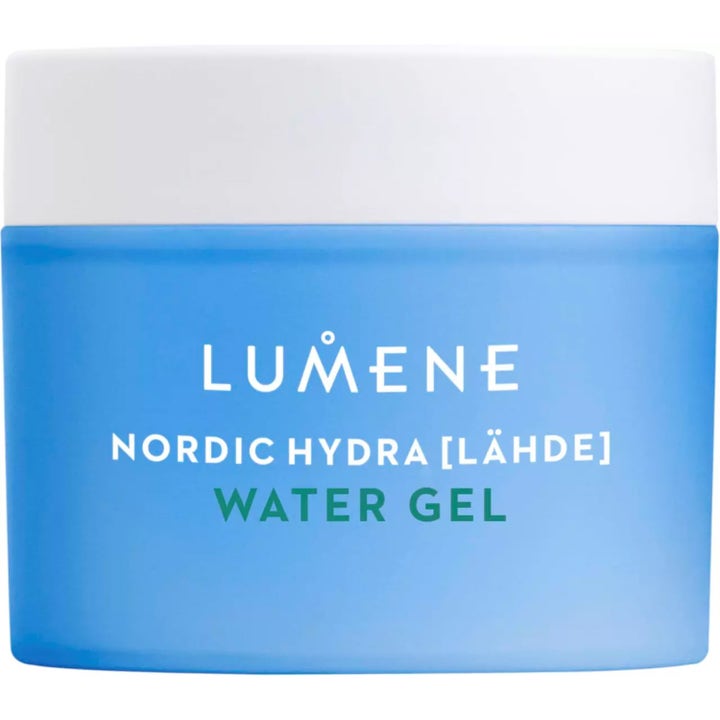 Lumene Nordic Hydra Lähde Water Gel återfuktande ansiktsgel som ger lyster i en matt blå burk med vitt lock
